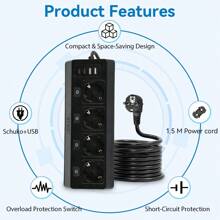 CILIA EU Power Strip With 4 AC Outlets + 2USB-A & 2Type-C Ports ,1.5m Surge Protection Cable , Ideal For Travel/Kitchen/Office/Dorm ,Dorm Room Essentials College,Black /White