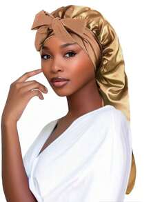 1pc New Long Taffeta Sleeping Cap, Women's Fashion Hair Care Hat, Bowknot Headband Beanie