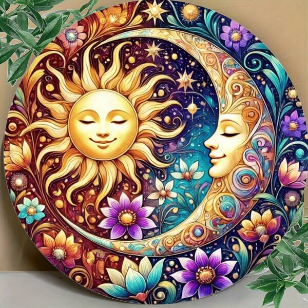 1pc Vintage Sun And Moon Floral Metal Wall Art ,Inch Round, Waterproof & Durable Decor With Vibrant Celestial Design For Home, Bar, Cafe, Or Garage, Metal Wall Art Decor