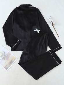 两件套缎面纯色睡衣套装，长袖翻领上衣和蝴蝶结长裤，女士家居服，秋冬服装 - 黑色 - 查看 2