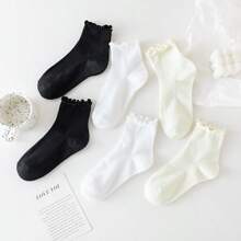 1 paire/3 paires/6 paires Chaussettes blanches pour femmes, chaussettes courtes style japonais avec bord roulé, chaussettes mignonnes avec bordure à volants