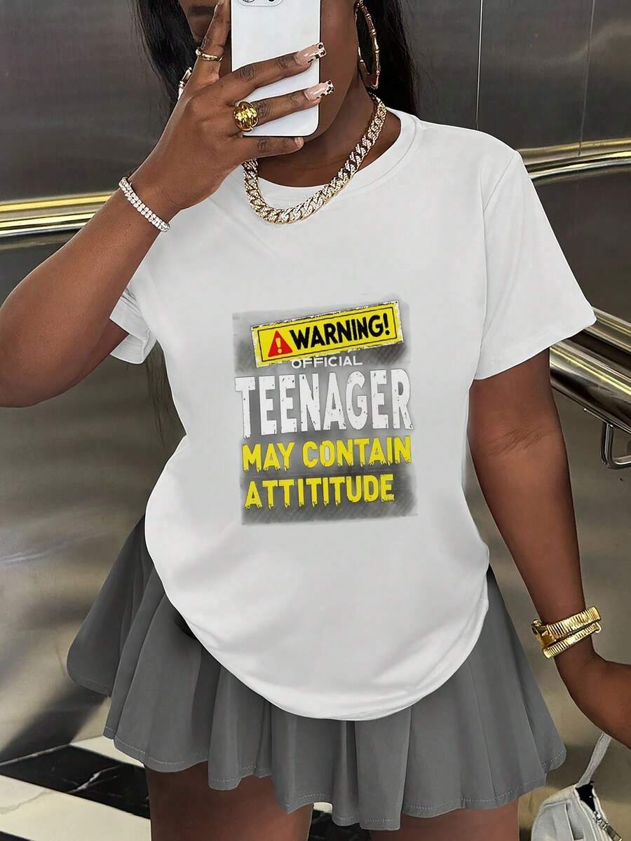 Warning Official Teenager May Contain Attitude T-Shirt - Funny Graphic Tee, Casual Crew Neck Cotton T-Shirt, Super Soft, Summer Breathable Tee - Perfect Birthday Gift For Teenagers, Sons, Daughters, Grandchildren, Friends, Brothers And Sisters,White Top,Graphic Tees Women - 白色 - 查看 1