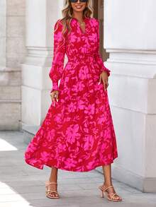 Women's Spring And Fall Clothes Floral Maxi Dress Fall Long Sleeve V Neck Casual A Line Long Flowy Boho Party Valentine Vacation Dresses - 玫紅色印花 - 查看 1
