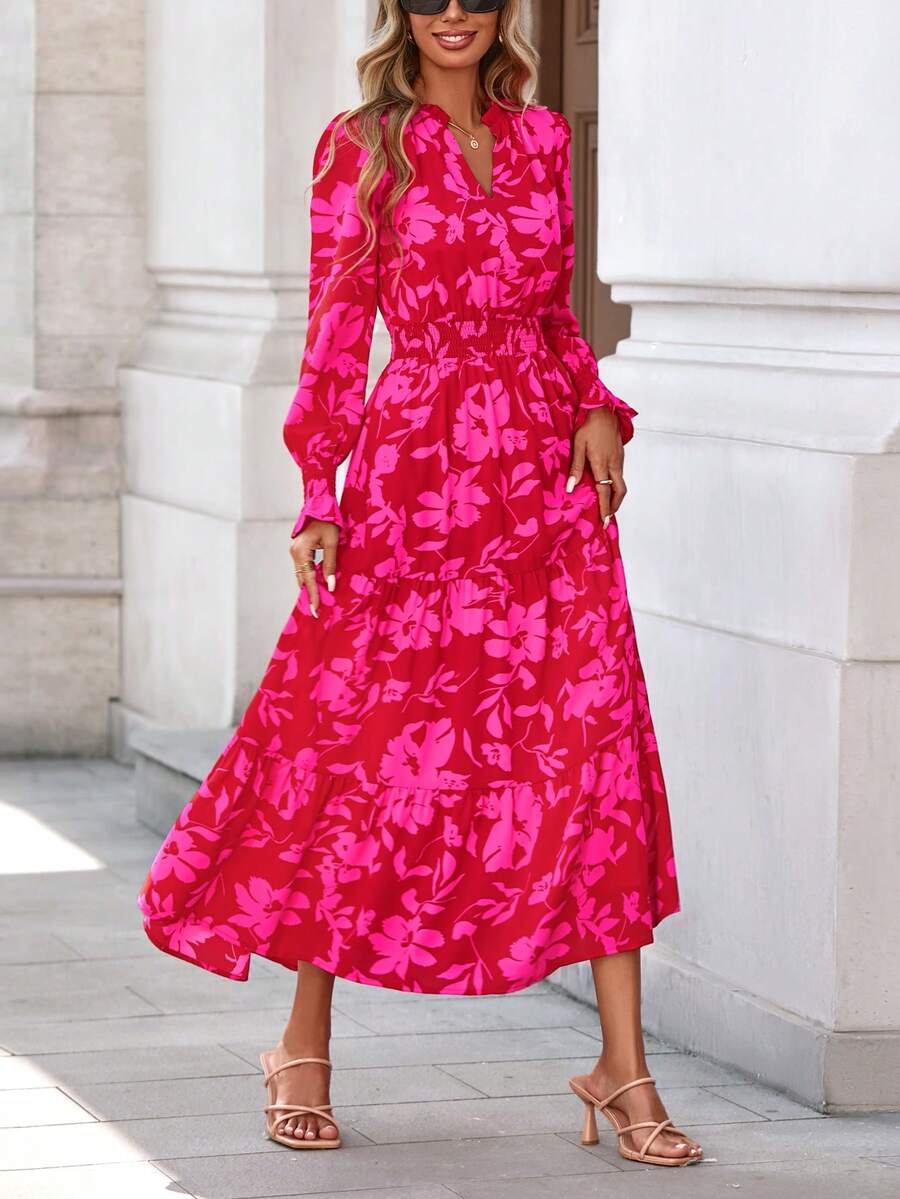 Women's Spring And Fall Clothes Floral Maxi Dress Fall Long Sleeve V Neck Casual A Line Long Flowy Boho Party Valentine Vacation Dresses - 玫紅色印花 - 查看 1