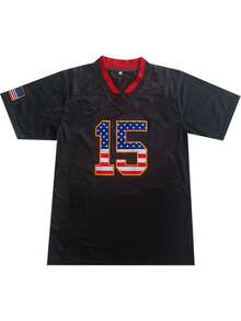 男式刺绣美式足球球衣 15 黑色休闲短袖 V 领 T 恤派对运动上衣