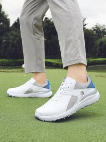 Zapatos de golf profesionales para hombres - Impermeables, antideslizantes, cómodos con parte superior de PU y suela de goma, forro de tela transpirable, cierre de cordones, color blanco y azul, adecuados para todas las estaciones, deportes al aire libre y actividades de golf, accesorios de golf