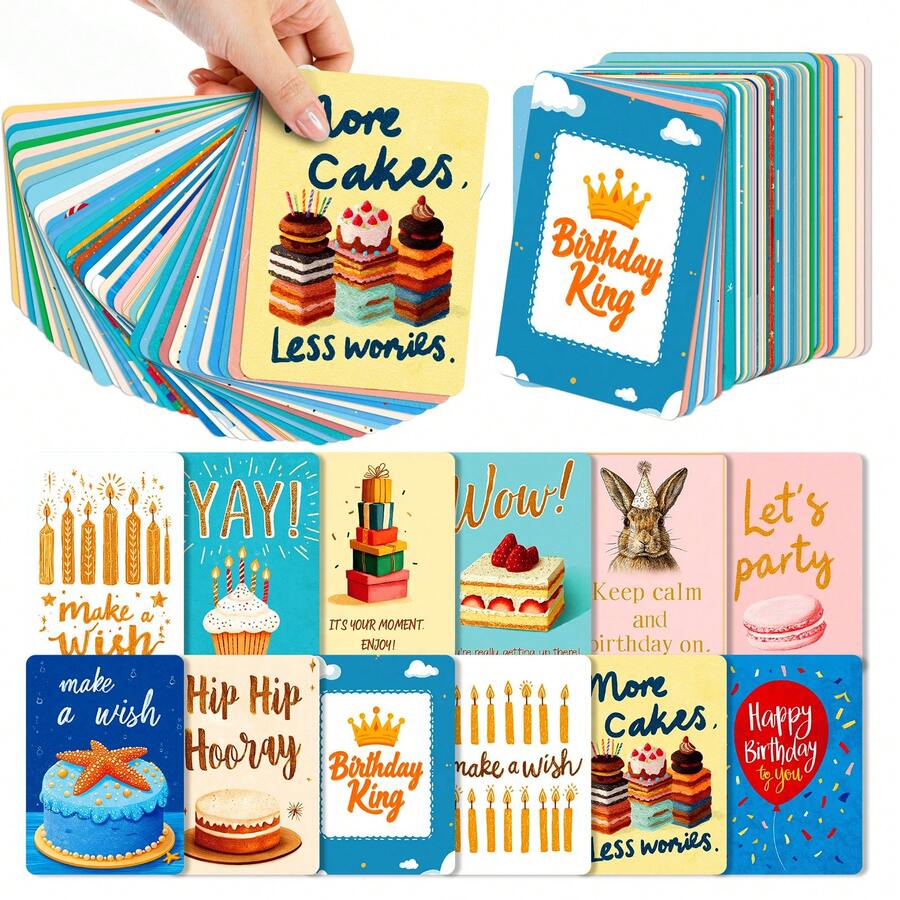 50 Stücke buntes Geburtstagskarten Set, lebendige Grußkarten mit Geburtstagstorte, Luftballons & Tier Illustrationen für Frauen, Männer, Freunde, Geburtstagsgrüße zum Anfeuern, Party Geschenke, DIY Scrapbooking & Social Media Requisiten für Einschulung, Halloween, Weihnachten