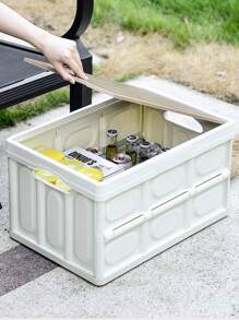 1 White Foldable Storage Box, A Collapsible Camping Crate With A Wooden Lid, Suitable For Indoor Storage Of Toys And Snacks; A Portable Storage Container, Applicable To Outdoor Barbecues, Picnics, Fishing Trips, As Well As Home Garage Organization.