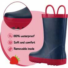 Kids Rain Boots Waterproof Printed Rubber Boots With Handles - 海軍 - 查看 3