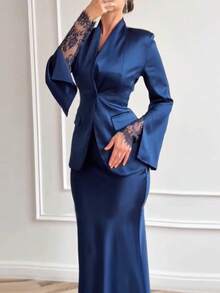 Bộ váy áo 2 mảnh thanh lịch dành cho nữ, váy dự tiệc trang trọng tay ren, váy dự đám cưới mùa xuân. - Màu xanh hải quân - Xem 7