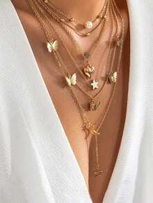 11 piezas Elegante Set de collares vintage de perlas falsas, corazones, rhinestones, mariposas geométricas con rayas verticales y cadena de serpiente de metal multicapa, adecuado para vacaciones, fiestas, citas, regalos y uso diario (sin caja) - Dorado - Ver 5