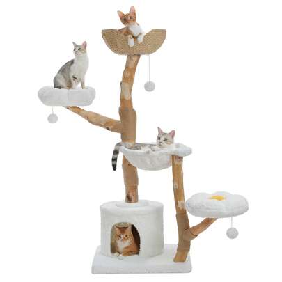 PAWZ Road Wooden Flower Cat Tree, Modern Cat Tower With Real Wooden Branches, Luxurious Boho Cat Furniture With Scratching Post And 2 Resting Places, Cat Climbing Tower For Indoor Cats, Cloud White
