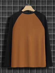 Men Casual Sports Colorblock Raglan Sleeve Half Button Placket T-Shirt, Fall