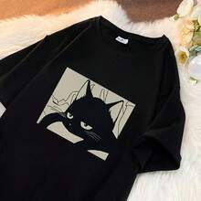 Women's Round Neck Cat Print T-Shirt, Fashion Women's Cat Sleepy Aesthetich Print T-Shirt, Casual Short Sleeve T-Shirt, Promotion Women's Top, Comfort For All Seasons - 黑色 - 查看 1