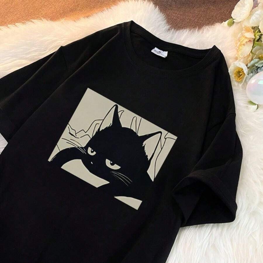 Women's Round Neck Cat Print T-Shirt, Fashion Women's Cat Sleepy Aesthetich Print T-Shirt, Casual Short Sleeve T-Shirt, Promotion Women's Top, Comfort For All Seasons - 黑色 - 查看 1