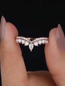 1枚经典奢华V形皇冠戒指，镶嵌钻石，适合作为订婚礼物、节日礼物，S925纯银精致珠宝礼品 - 水滴圓鑽皇冠戒指 - 查看 1