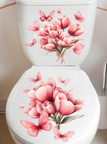 1/2pcs Flower Toilet Stickers Butterfly Toilet Lid Decals, Removable Self-Adhesive Waterproof Bathroom Wall Sticker, Decorative For Bathroom, Bathroom Decor, Wall Art For Home Cistern Restroom Bathroom Decals