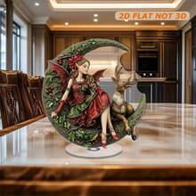 2D Flat, 1pc Rotating Acrylic Decor - Christmas Elf On Crescent Moon With Wing, Reindeer And Holly Pattern Details, Vibrant Colors, For Holiday Display, Festive Gatherings, All Season Home Decor (Bedroom, Kitchen, Living Room)