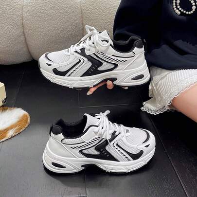 New Casual Sneakers, Preppy Style Chunky Sneakers, Unisex Round Toe Lace-Up Mesh & Leather Patchwork Breathable Versatile Printed Graffiti College Outdoor Hiking Leisure Commuting Shoes, Run Small By 1 Size