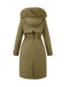 Women's Mid-Length Jacket With Faux Fur Collar And Belt, Suitable For Autumn/Winter - Army Green - View 3