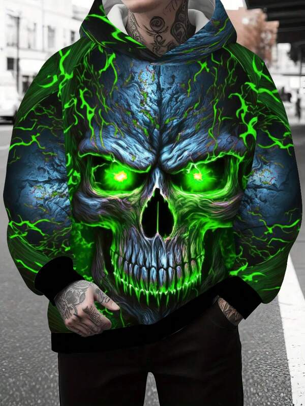 Halloween Bestselling Colorful High Definition Skull Graphic 3D Print Hoodie, Men's Casual Elastic Hooded Sweatshirt, Spring/Autumn Sportswear