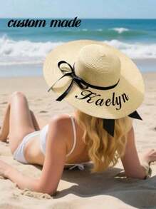 Customizable Straw Hat, Embroidered Nameplate, (Detachable Ribbon, Not Fixed), Single Lady Beach Hat, Personalized Straw Hat, Bridesmaid Gift, Beach Hat, Wedding Party, Sun Hat - Newlywed Honeymoon Gift, Embroidered Soft Edge Honeymoon Beach Hat, Customized Bride Sun Hat, Bachelorette Party Hat, Gift For Future Wife, Bridesmaid Gift, Gift For Her