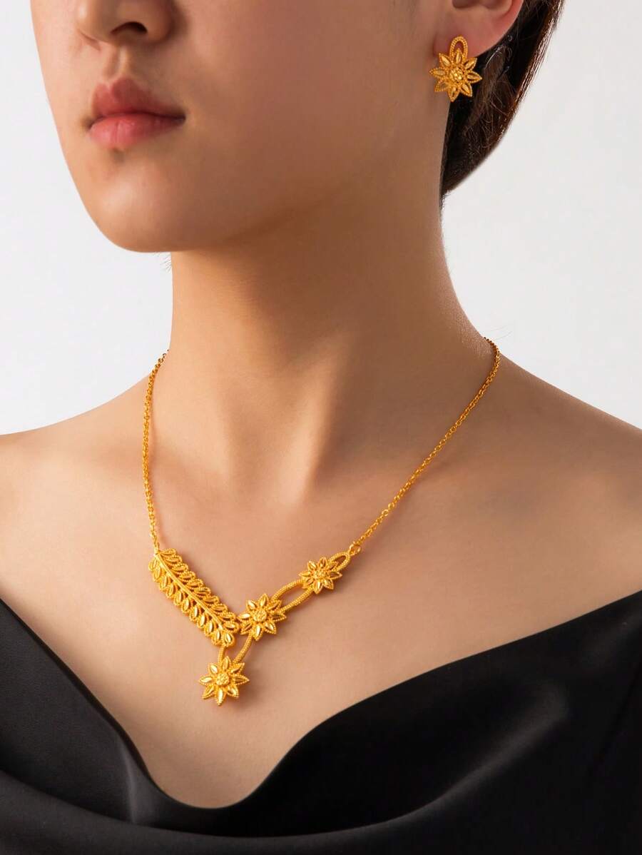 3 件 24K 金迪拜风格女士时尚珠宝项链，沙特阿拉伯珠宝 - 金色 - 查看 1