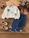 Set de 2 piezas de conjunto casual de primavera/otoño para niña bebé: Camiseta de manga larga de cuello redondo en unicolor con decoración de lazo 3D y pantalones vaqueros de cintura alta con flecos de lazo 3D en el bajo