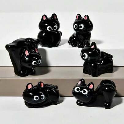 A Set Of 6 Cute Black Cat Decorative Figurines, Perfect Gift For Cat Lovers. Suitable For Computer Monitors, Car Ornaments, And Mini Home Or Office Desk Figurines.