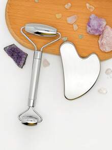 1/2pcs/Set SetStainless Steel Face Roller And Gua Sha Bundle - Metal Face Roller, Metal Gua Sha, Facial Massage Tools To Reduce Puffiness, Lymphatic Drainage, Facial Tension, Skin Care Face Massagers,Beauty,Skin Care Products,Spa,Self Care,Skin Care Tools,Face Care,Esthetician Supplies,Massage,Face Massage Tool,Face Roller - Silver - View 1
