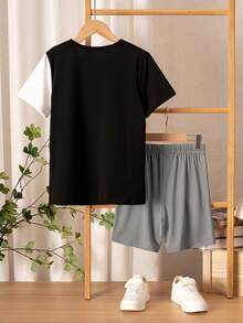 Young Boys' Simple Casual Letter Print Color Block Short Sleeve T-Shirt And Shorts 2pcs/Set - Multicolor - View 2