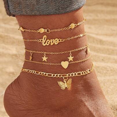 5件套女士五芒星蝴蝶LOVE脚链套装，日常佩戴