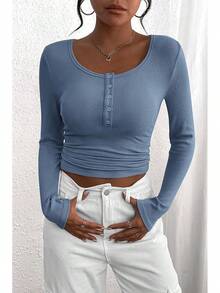 Women's 2025 Fall Long Sleeve Henley Shirts Button Ribbed Knit Casual Basic Tops Blouse - Xanh xám - Xem 4