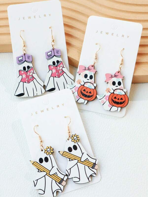 1 Pair Cute Halloween Wooden Ghost, Funny Pencil Ghost, Pumpkin Bow Ghost, Reading Ghost Earrings, Quirky & Interesting Earrings Suitable For Women, Holiday Gift
