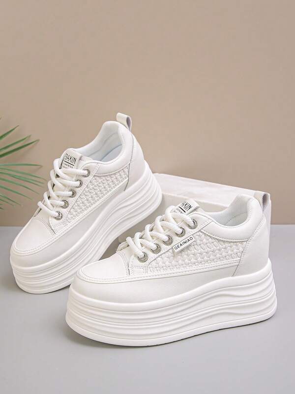 Zapatillas con plataforma para mujer, zapatillas casuales con cordones de unicolor y estilo colegial, adecuadas para la oficina y todas las estaciones
