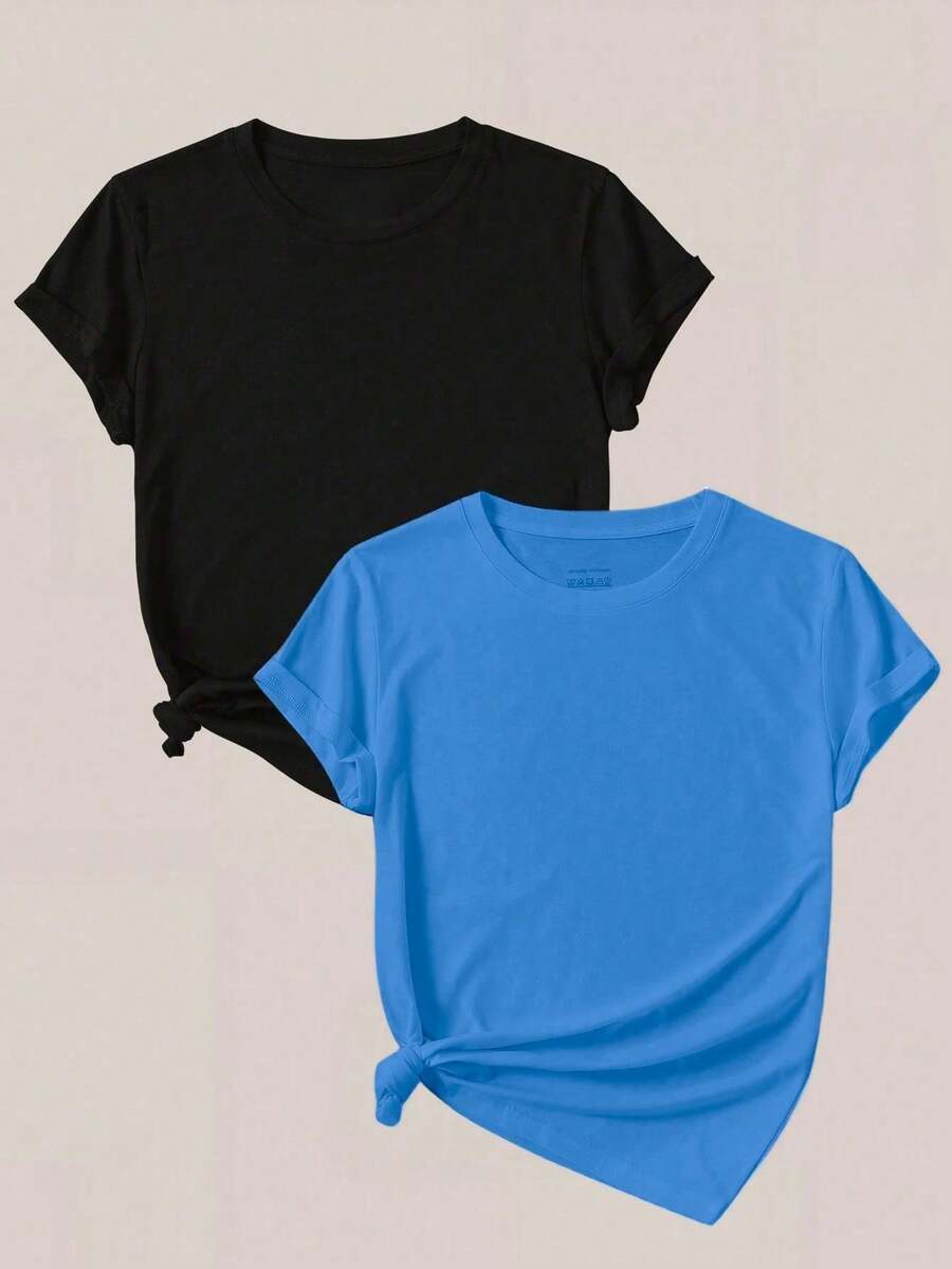 2pcs set pack conjunto camiseta casual de mujer de unicolor, cuello redondo, manga corta, versátil - Azul - Ver 1
