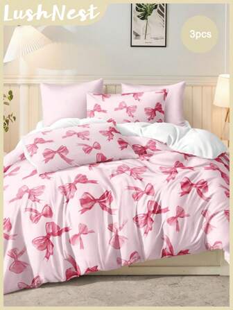 3pcs Watercolor Pink Bow Valentine's Day Digital Print Duvet Cover Set (1 Duvet Cover + 2 Pillowcases Without Insert), Cute Girly Style, Daily Polyester Soft Skin-Friendly, All-Season Bedroom Dorm Use, Romantic Home Decor, Aesthetic Bedding