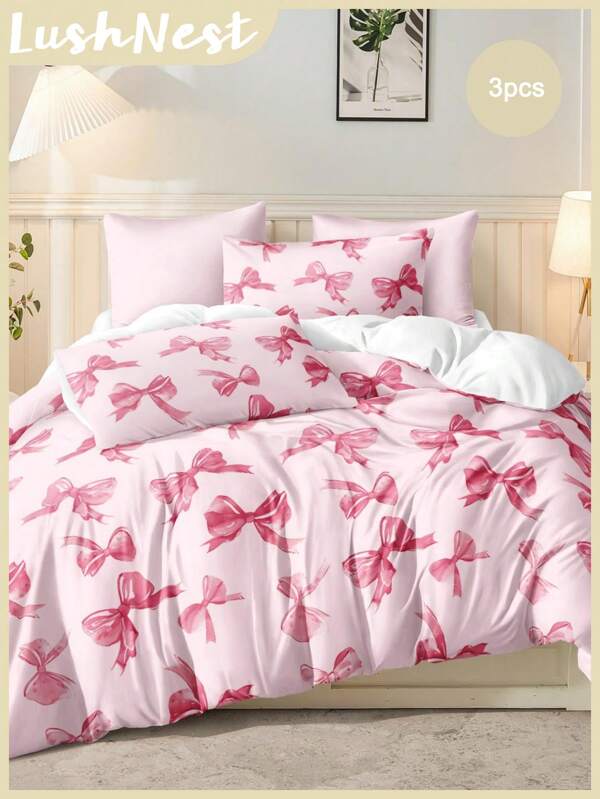 Juego de funda nórdica con estampado de moño rosa acuarela (1 funda nórdica + 2 fundas de almohada, sin relleno), de fibra de poliéster suave y amigable con la piel, adecuado para uso diario, dormitorio, dormitorio, todas las estaciones