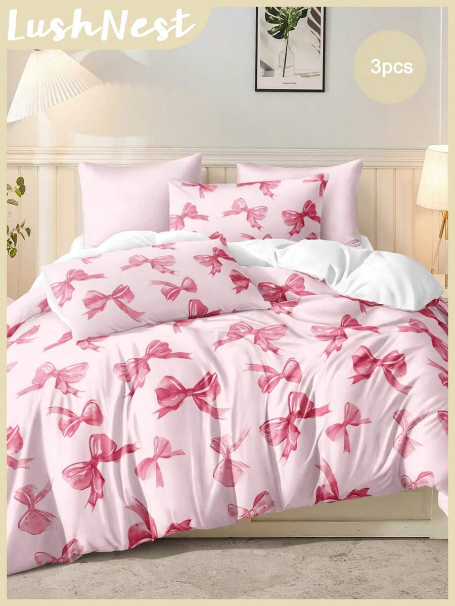3件套水彩粉色蝴蝶结情人节数码印花床上用品套装（1个被套+2个枕套，不含被芯），可爱少女风，日常柔软涤纶面料，适合四季卧室/宿舍，浪漫家居装饰，优雅床上用品