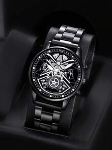1 Set Men's Quartz Watch, Zinc Alloy Case & Chain, Round Dial, Electronic Pointer Display, Includes Pendant Necklace, Bracelet And Ring. Ideal Birthday Gift, Suitable For Daily Wear, Birthday, Party, Holiday Gathering, Perfect For Yourself Or Friends. No Packaging Box. - Black - View 5