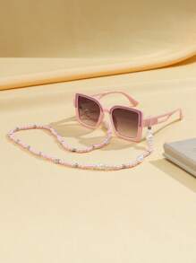 1 Set Gafas de moda decorativas con diseño geométrico rosa brillante y 1 pieza de cadena de gafas de perlas falsas rosa para niños