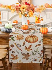 1pc/10pcs Autumn Pumpkin & Leaf Pattern Table Runner, Thanksgiving Table Runner, Harvest Festival Decor, Farmhouse Style, Linen-Like Material, 33*91CM/33*183CM/33*274CM, Indoor Outdoor Party Decoration, Pumpkin Theme Decor, Home Kitchen Dining Room Decoration