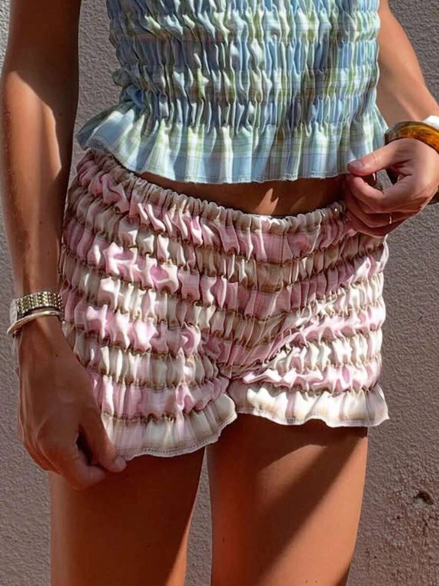 Women's Summer Bloomers Shorts Plaid Print Low Waist Tiered Frill Bodycon Short Pants Micro Shorts Bottoms Y2k Pettipants Streetwear - Pink - View 1