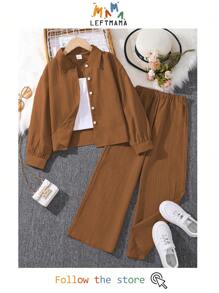 Left Mama 2 Pieces Girl's (Plus Size) Set - Long Sleeve Collared Shirt Top & Pants, New Style For Autumn