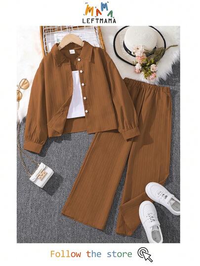 Left Mama 2 Pieces Girl's (Plus Size) Set - Long Sleeve Collared Shirt Top & Pants, New Style For Autumn