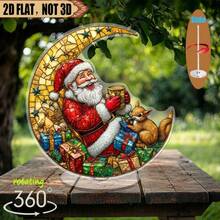 2D Rotating Acrylic Decor - Colorful Santa Claus On Golden Moon With Playful Squirrel, 360° Rotating Holiday Decoration, Suitable For Home Gatherings, Holiday Displays, Gift Choice, Christmas Gifts, Christmas Decorations