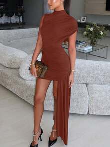 女士夏季无袖褶皱紧身迷你连衣裙，性感优雅派对短款鸡尾酒裙 - 鏽棕色 - 查看 6