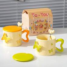 1pc Butterfly Embossed Mug With Lid, 4 Styles Available, Comes With Stainless Steel Spoon, Warm Style Gift For Boys And Girls - Yellow - View 3