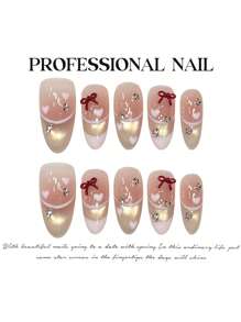 10 Peças Unhas Postiças em Formato Elíptico com Laço Rosa, Pressão Manual Pura, Laço 3D Vermelho Brilhante com Strass, Adequado para Decoração Externa, Suprimentos de Arte de Unhas Feitas à Mão