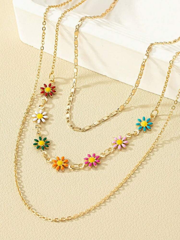 3 件彩色釉面花卉多层项链套装，甜美多巴胺设计颈链，适合日常佩戴，是送给女性的最佳礼物（花朵颜色和数量随机，以实际商品为准） - 金黃色 - 查看 2